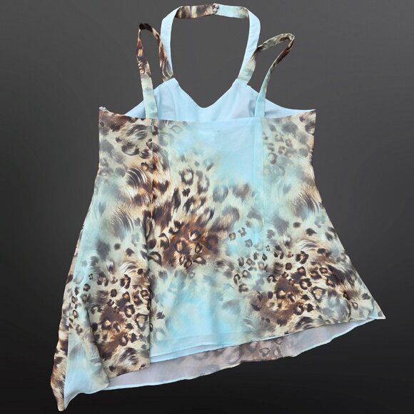 Y2K Sleeveless Beaded Asymmetric Top Size 20 2XL Leopard Seafoam Green Chiffon - Picture 7 of 12